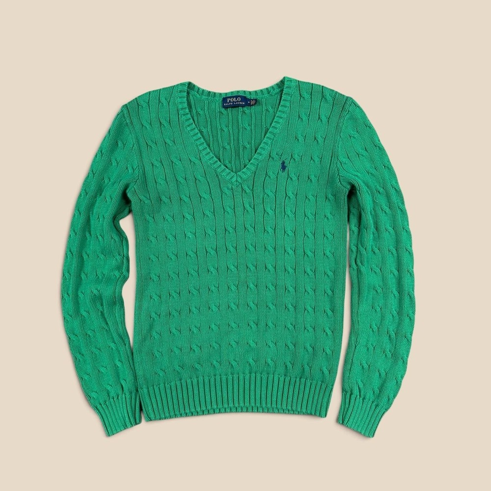 Polo Ralph Lauren Women Green Cable Knit V Neck Cotton Sweater Medium